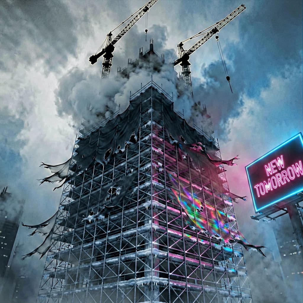 A construction site stretched upward into fog, cranes frozen in silhouette. Wind rattled scaffolding draped with torn mesh that glowed faintly from nearby billboards