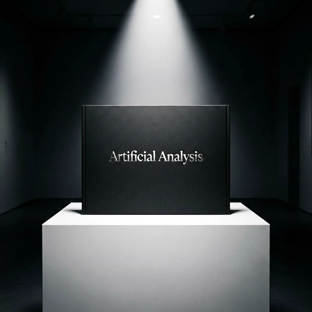 A premium matte black laptop-sized box rests on a pure white pedestal within a gallery space. Overhead, a single spotlight carves sharp contrast, leaving the edges in deep shadow. The brand name Artificial Analysis is embossed in silver foil, glinting faintly as though it were jewelry.