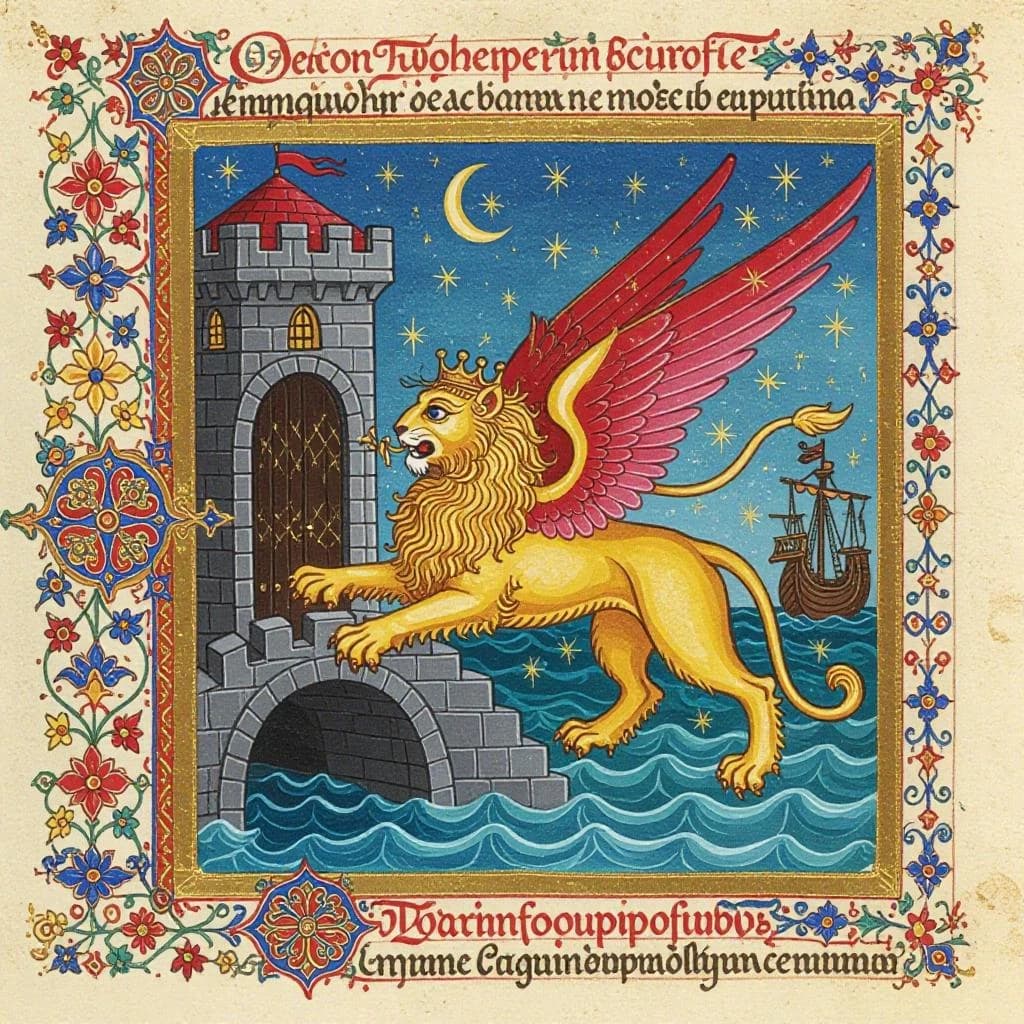 Paint an illuminated manuscript scene of a winged lion guarding a sea gate.