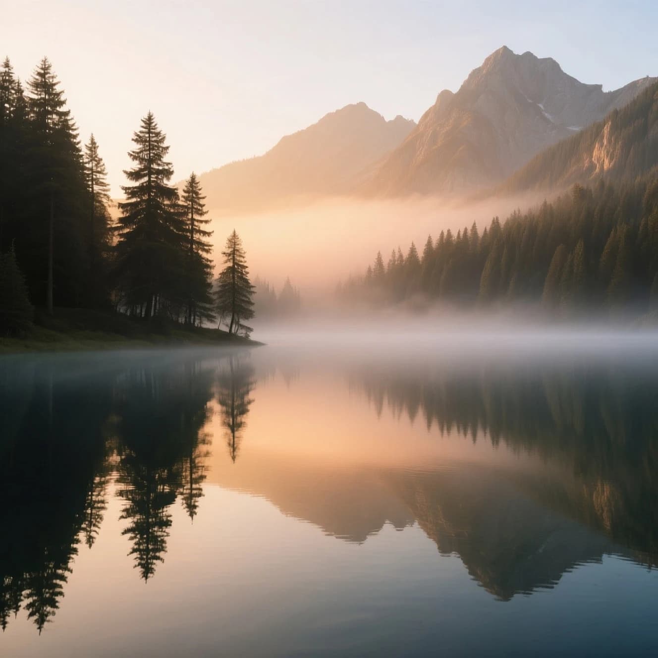 I want a photo of a misty alpine lake at dawn, pines, glassy water, warm light.