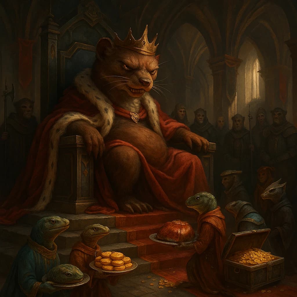 Big Weasel, the tyrannical ruler of the Levitus, slouches on his throne, his mood foul but somewhat brightened by the sight of gifts - a wearisome group of lizard traders adorned in fine silks proceed toward him through the hall with their annual tribute of biscuits, ham and gold - Big Weasel's favourites. Big Weasel's entourage looks on with stern approval.