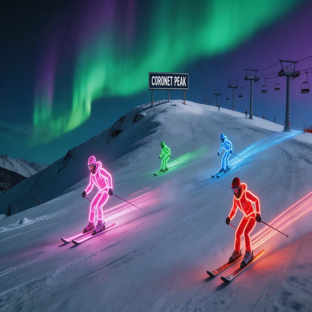Coronet Peak Night Skiing: Skiers in colorful LED suits carve their way down the slopes of New Zealand's Coronet Peak under the Aurora Borealis, the skiers' light trails visible behind them
