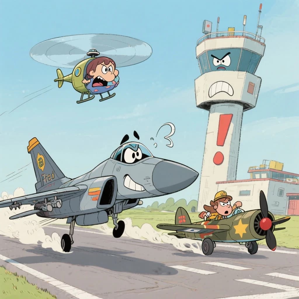 Almost at the runway, Fred the Fighter Jet is racing with Barry the Bomber to see who lands first. Fred has a mischievous trick up his sleeve but Hermione the Helicopter is going to stop him before he gets the chance. The control tower is very angry and has a big exclamation mark. Hand drawn cel look
