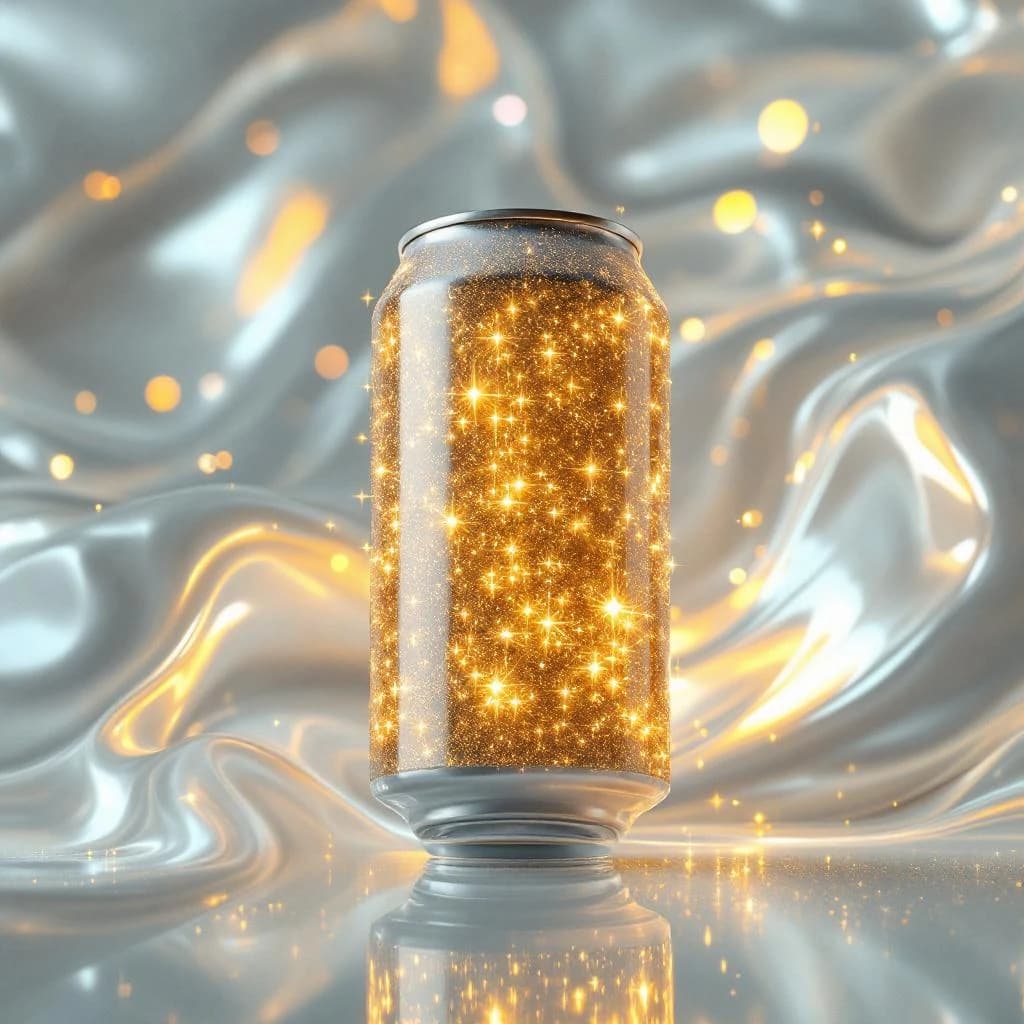 A close-up ad shot of sparkling soda can on glossy acrylic, harsh top light.