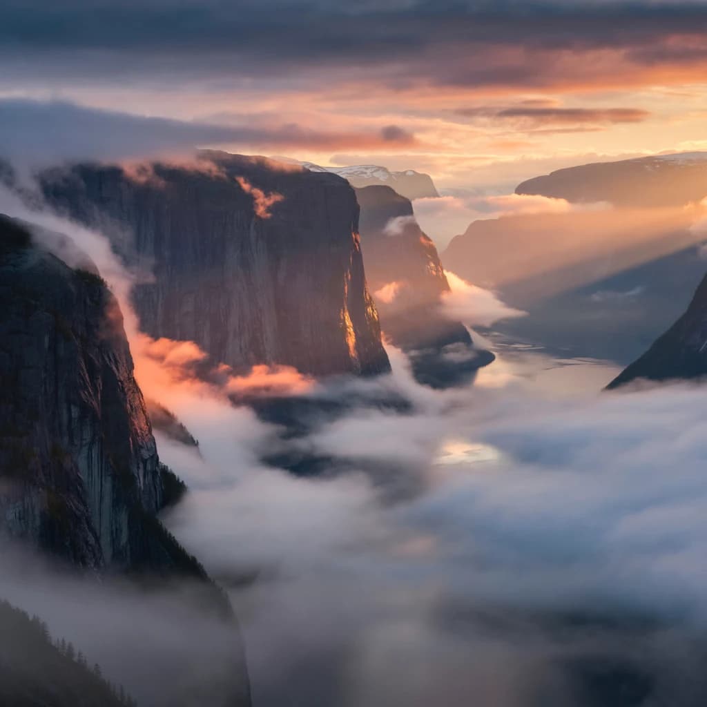 Frame a foggy fjord at sunrise, cliffs looming.