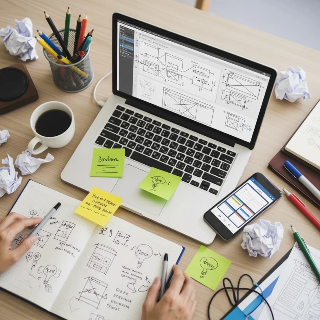 Close-up photo shows a messy desk, wireframes, sticky notes, mobile mockup, mug.