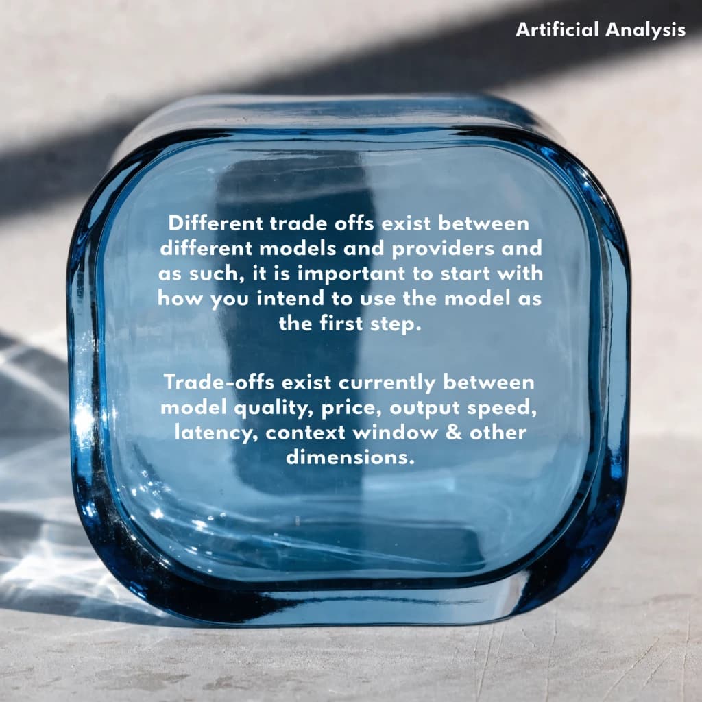 In a clear transparent blue glassy rounded box, etch "Different trade offs exist between different models and providers and as such, it is important to start with how you intend to use the model as the first step. Trade-offs exist currently between model quality, price, output speed, latency, context window & other dimensions. " in sans serif medium weight text. Artificial Analysis is watermarked over the top right 