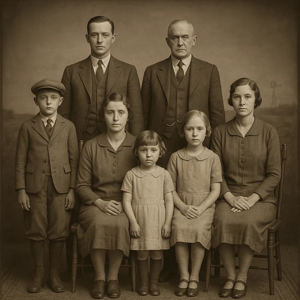 Everybody holds still and nobody smiles for the family portrait. It's 1928 in Kansas