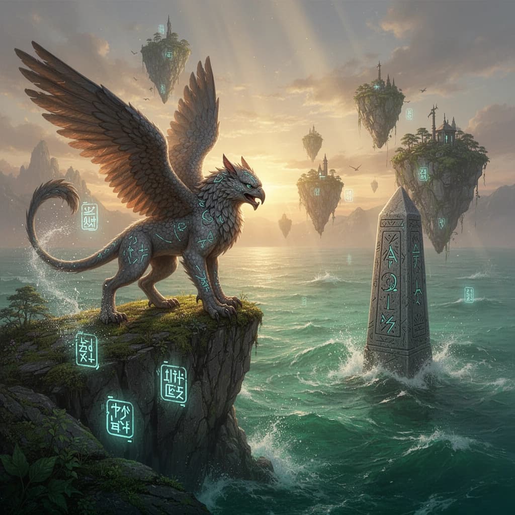 At dawn, a winged griffin lands on a mossy cliff above a jade sea beside a runed obelisk; floating isles drift under golden sunbeams, with a bit of sea spray and glowing runes.