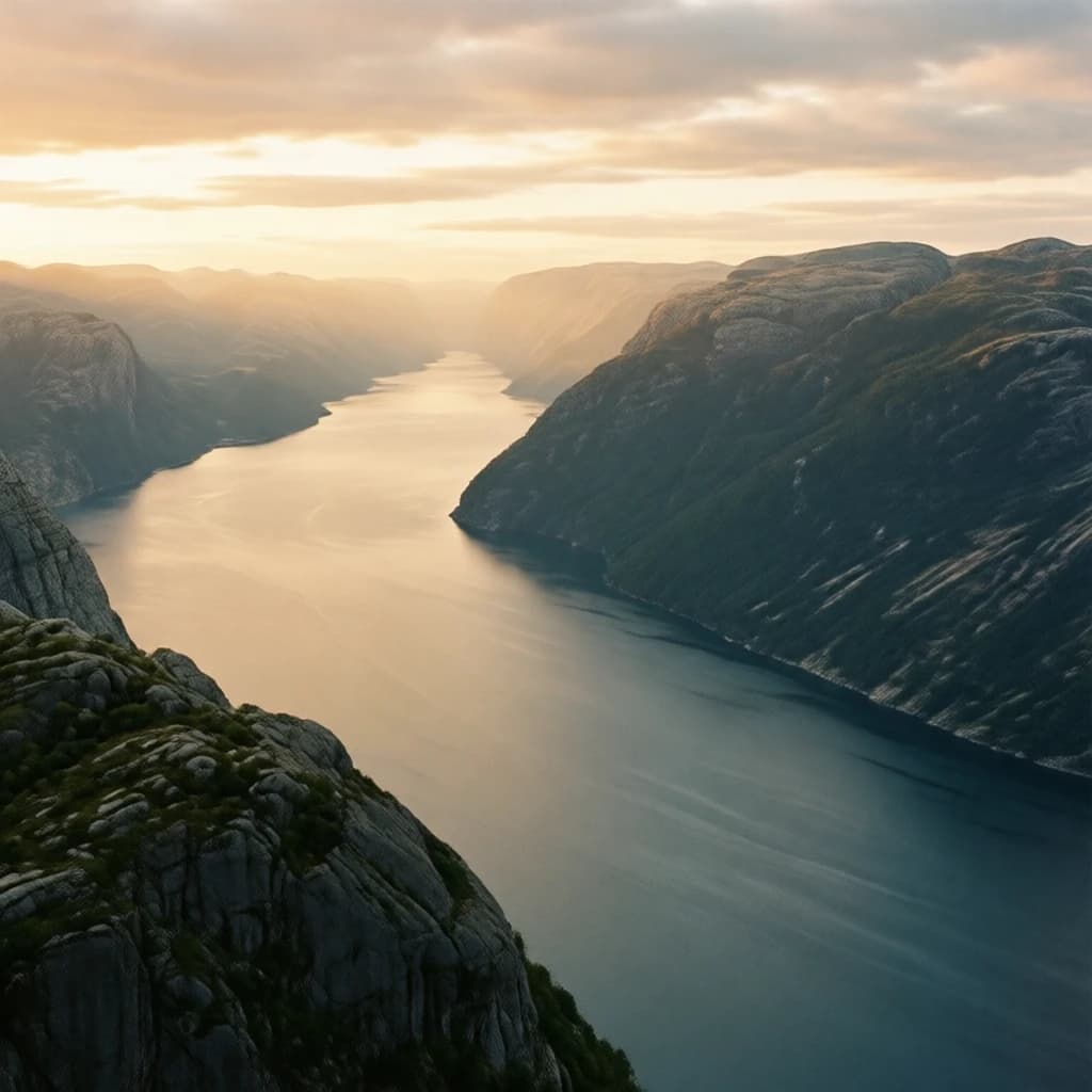 Frame a foggy fjord at sunrise, cliffs looming.