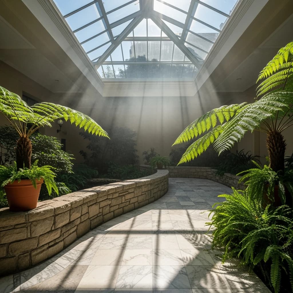 Sunlit atrium with glass ceiling, marble floor, ferns, a bit of morning haze.