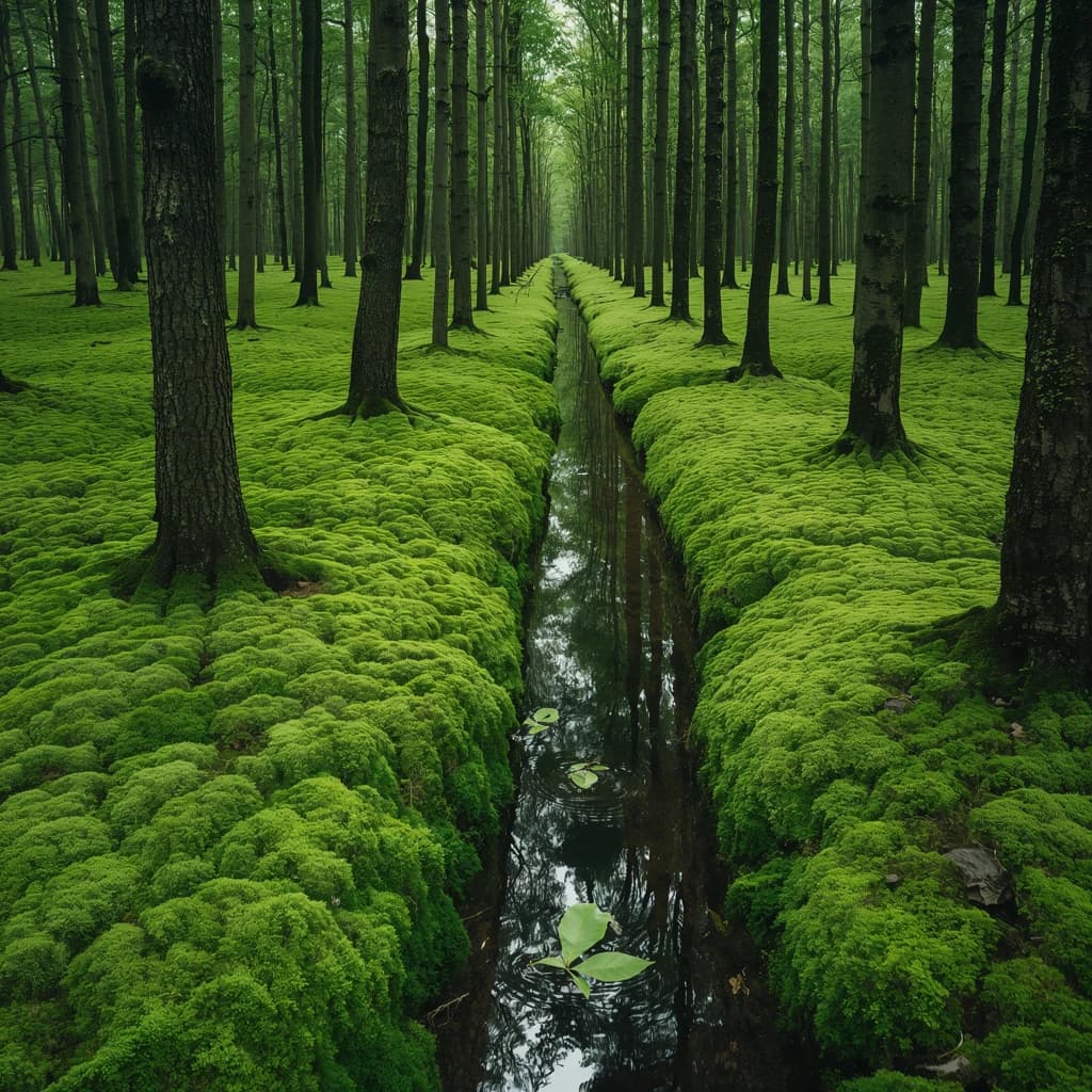 The forest is saturated green, trees identical in height and width, trunks straight, bark texture repeating. One trunk leans diagonally yet the branches remain vertical. The moss is emerald, glistening, though each patch forms identical diamond shapes. A stream runs straight, perfectly linear, water clear, reflecting clouds not visible in the sky. No animals, no insects, but one leaf floats on the water, doubled, showing two overlapping shadows.
