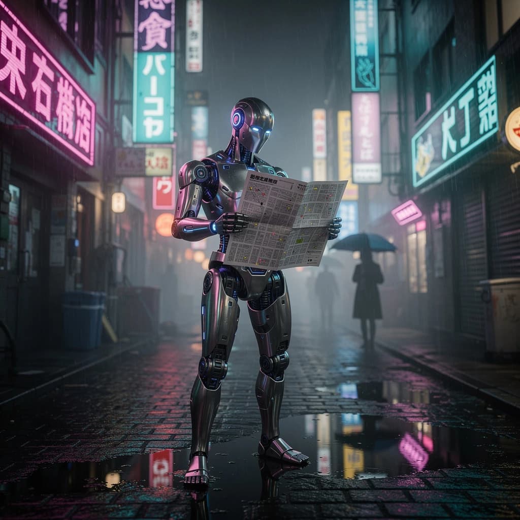 Neon-lit Tokyo alley, rain-slick cobblestones, a chrome android checks a map.