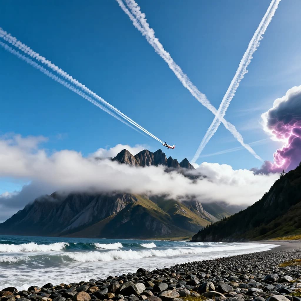 A stunning mountain vista pokes through the cloud top. Contrails from a distant airplane linger in the air. In the foreground there is a stony beach with foamy seas. A thunder storm is visibile in the distant right.