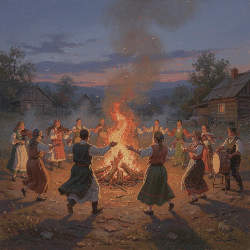 Make an oil painting of villagers dancing by a bonfire at dusk, a bit smoky.