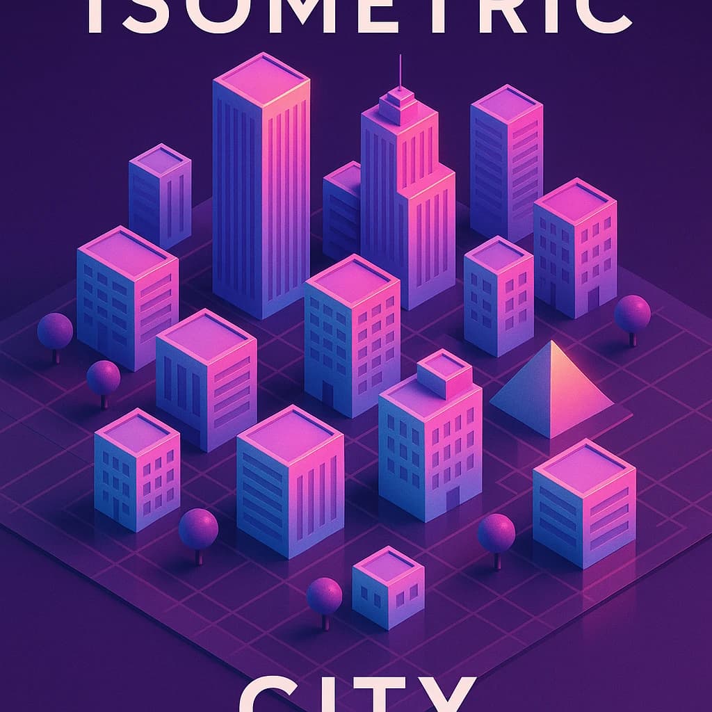 Render an isometric city poster with geometric buildings, neon gradients, gloss highlights, soft AO shadows, clean sans-serif lettering, grid layout, reflections a bit overexposed.
