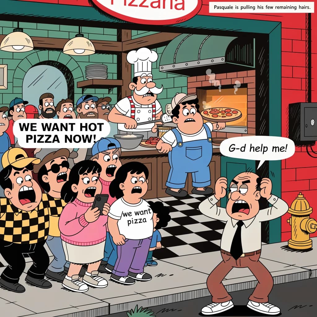 Pasquale is pulling his few remaining hairs out over a disaster at the pizzeria - the cooks are working as fast as they can but the crowds outside are swelling and they demand hot hot pizza! They are banging on the glass and some are wearing "we want pizza" shirts. 1980s western TV animation style.