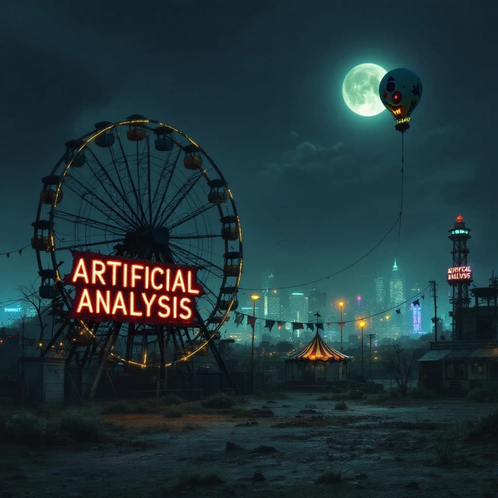 A deserted amusement park glows faintly under a half-moon. The ferris wheel is rusting yet strung with fresh, blinking LED lights. A torn clown banner flaps in a windless air. A lone balloon floats upward, tethered to nothing, while in the far distance city lights flicker on - some neon, some gas lamps as though from another century. 'Artificial Analysis' glows in neon