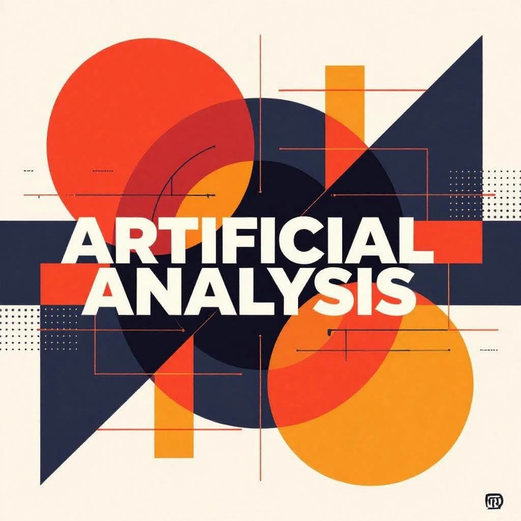 A bold poster composition dominated by flat geometric shapes in crimson, cobalt, and ochre. Overlapping circles and sharp diagonal lines create dynamic tension across the frame. A single sans-serif word — Artificial Analysis — stretches across the center in stark white, distorted slightly as though caught mid-glitch. The background is textured with halftone dots and faint grid lines, while subtle overlays of translucent rectangles suggest depth. Designed in the spirit of modernist Swiss typography fused with digital glitch aesthetics.