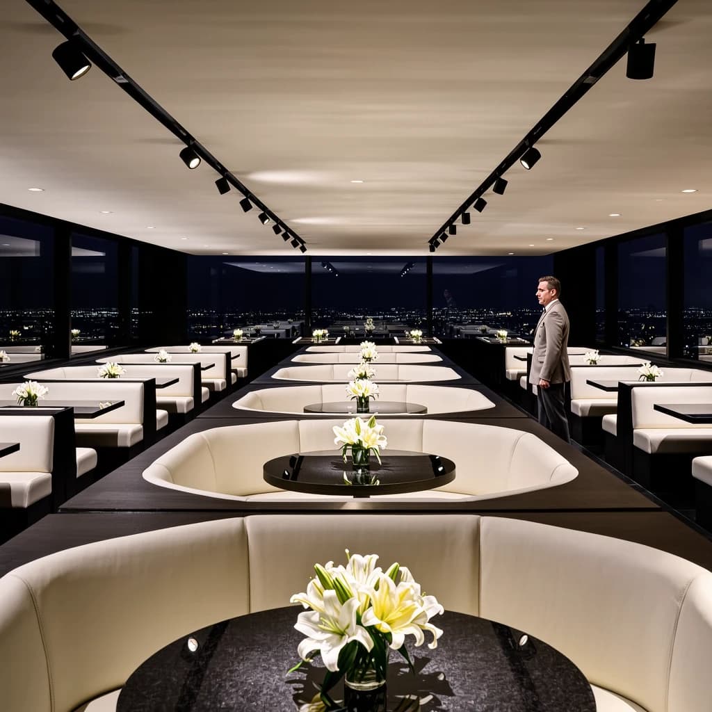The place is almost empty. The banquettes are covered in white leather, the tables black granite, and the entire room is bathed in halogen track lighting that seems too bright. The maître d’ wears a double-breasted wool crepe jacket. There are lilies on every table.