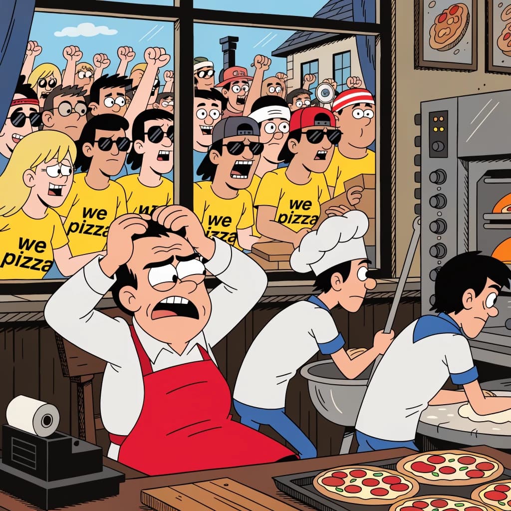 Pasquale is pulling his few remaining hairs out over a disaster at the pizzeria - the cooks are working as fast as they can but the crowds outside are swelling and they demand hot hot pizza! They are banging on the glass and some are wearing "we want pizza" shirts. 1980s western TV animation style.