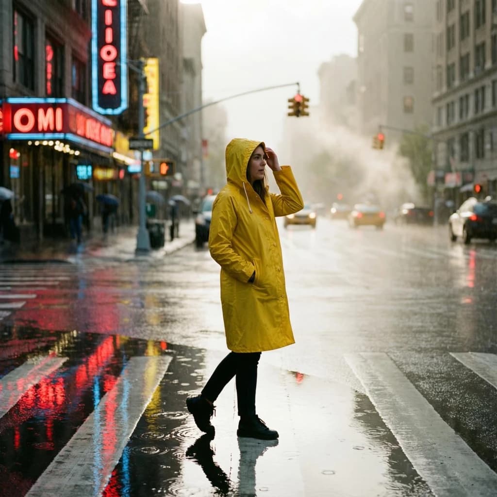 A sunlit city street after rain; puddles mirror neon signs as a woman in a yellow raincoat waits at a crosswalk, soft mist, 50mm look, natural tones, a bit of film grain.