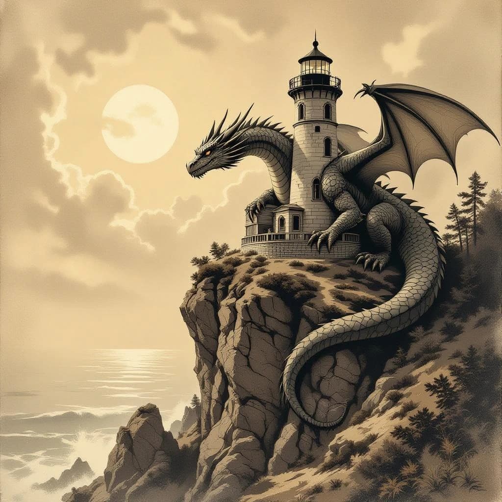 Let's do a sepia pulp cover where a dragon coils around a cliffside lighthouse.
