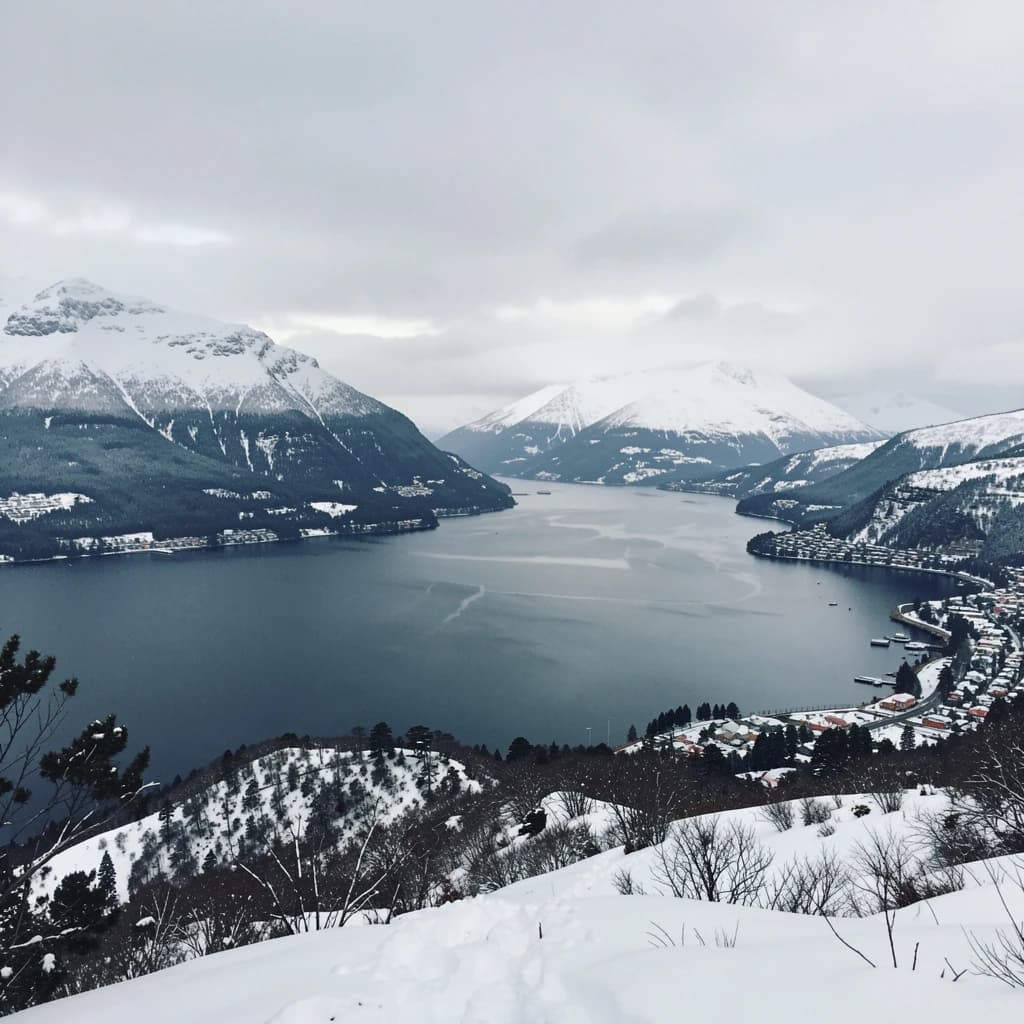 Queenstown's Lake Wakatipu, viewed from the top of Queenstown Hill after a snowstorm just dusted the top of Cecil's Peak