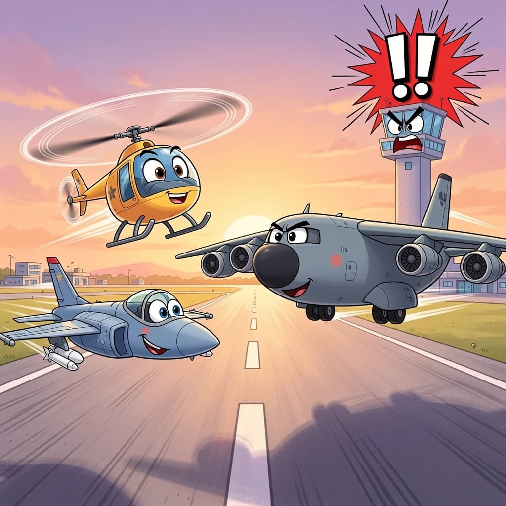 Almost at the runway, Fred the Fighter Jet is racing with Barry the Bomber to see who lands first. Fred has a mischievous trick up his sleeve but Hermione the Helicopter is going to stop him before he gets the chance. The control tower is very angry and has a big exclamation mark. Hand drawn cel look