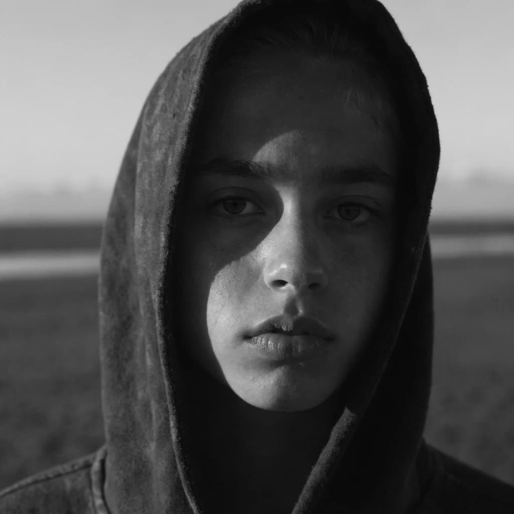A dramatic black-and-white portrait of a young person draped in a hooded garment, their face framed by the hood's dark folds. Their skin tone and the subtle sheen on their cheeks create striking tonal contrast against the deep shadows. Their eyes are piercing, looking directly into the lens with a calm, steady intensity—neither confrontational nor submissive, but deeply present. The texture of the fabric is visible: it's dense, slightly weathered, and whisper-thin creases catch the light. In the background, an expansive, out-of-focus landscape suggests open space—perhaps distant plains or water—though the details remain soft and abstract. The overall mood is silent yet powerful, poised between vulnerability and resilience, with every highlight and shadow telling part of their story.