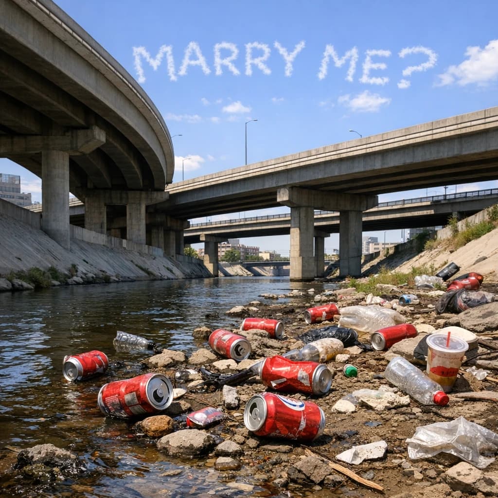 Red soda cans and other garbage sit strewn across the bank of an urban river only a few metres wide. Concrete overpasses criss cross overhead on a bright and sunny day. Fading skywriting proposes marriage