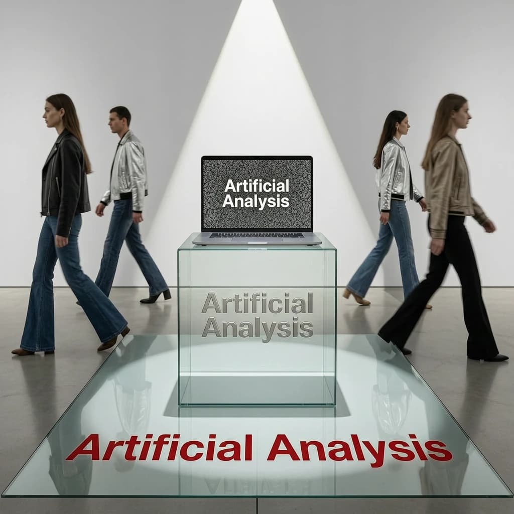 In a spotless gallery space, a pedestal supports a transparent laptop whose screen flickers between static and pristine brand imagery. Shoppers blur past in designer clothes that appear slightly outdated - bell bottoms, metallic jackets. The embossed logo “Artificial Analysis” glints silver, yet its reflection in the glass floor reads in crimson letters. A single spotlight shines, though shadows fall in two directions.