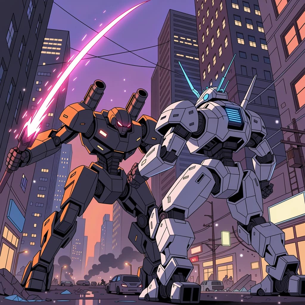 Make a cel-shaded mecha duel at dusk downtown.