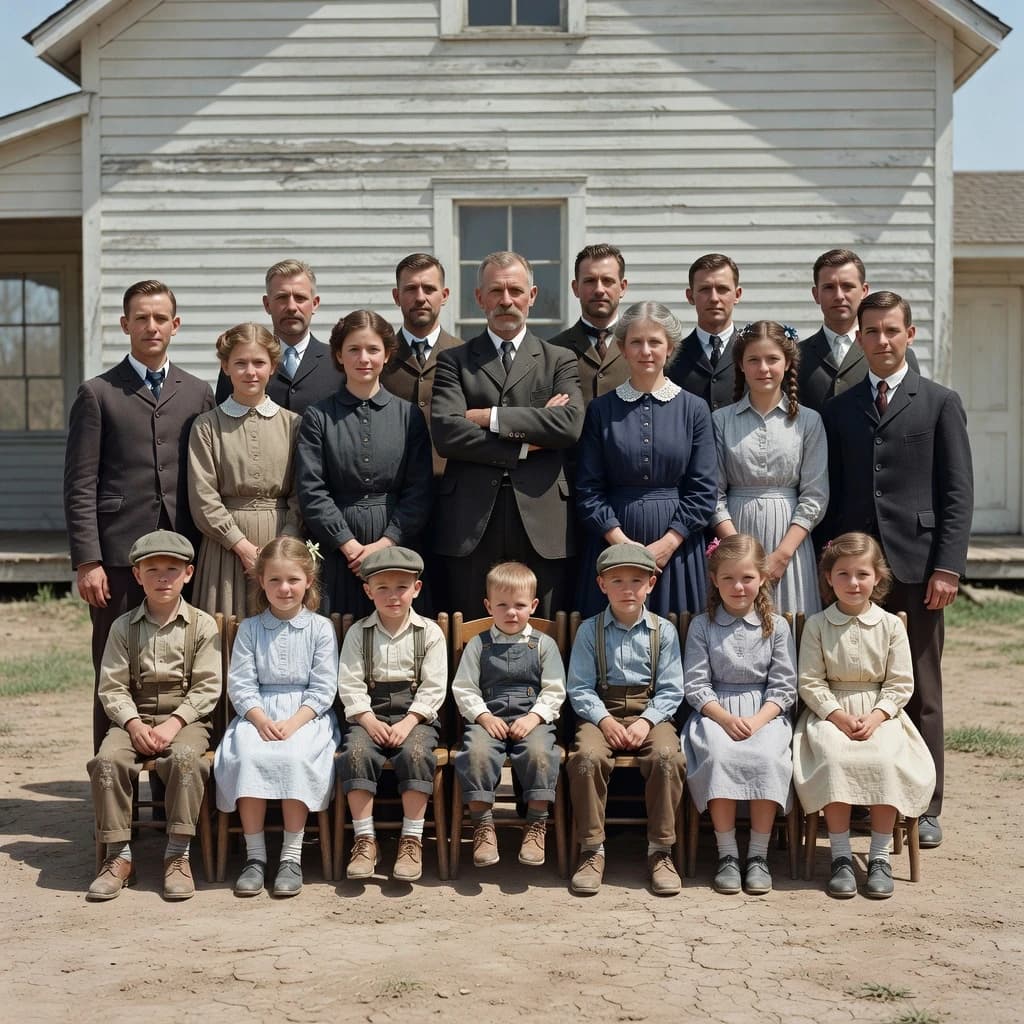 Everybody holds still and nobody smiles for the family portrait. It's 1928 in Kansas