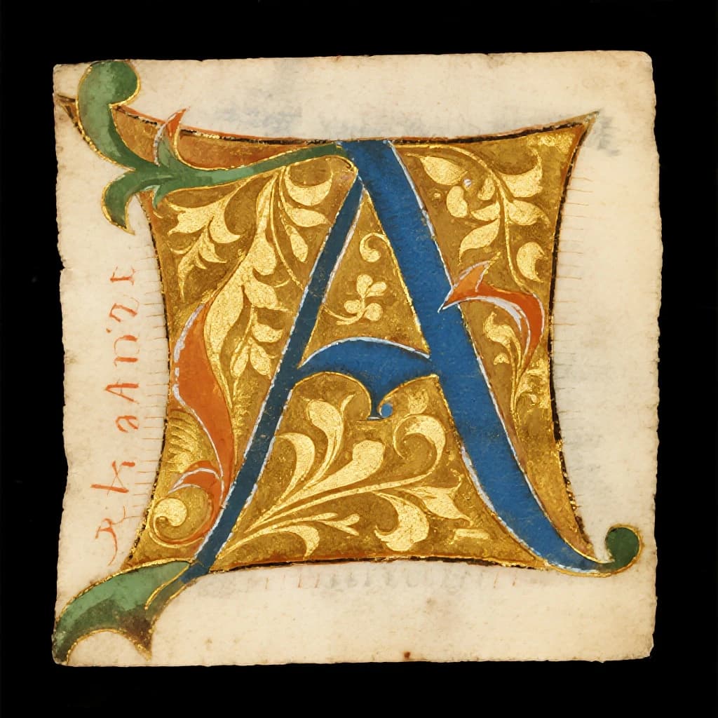 Illuminated letter A on vellum, gold leaf, a bit uneven flourishes.