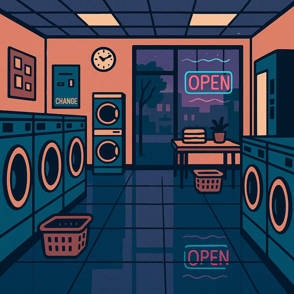 A cozy laundromat at dusk, neon humming, flat colors, bold inked lines.