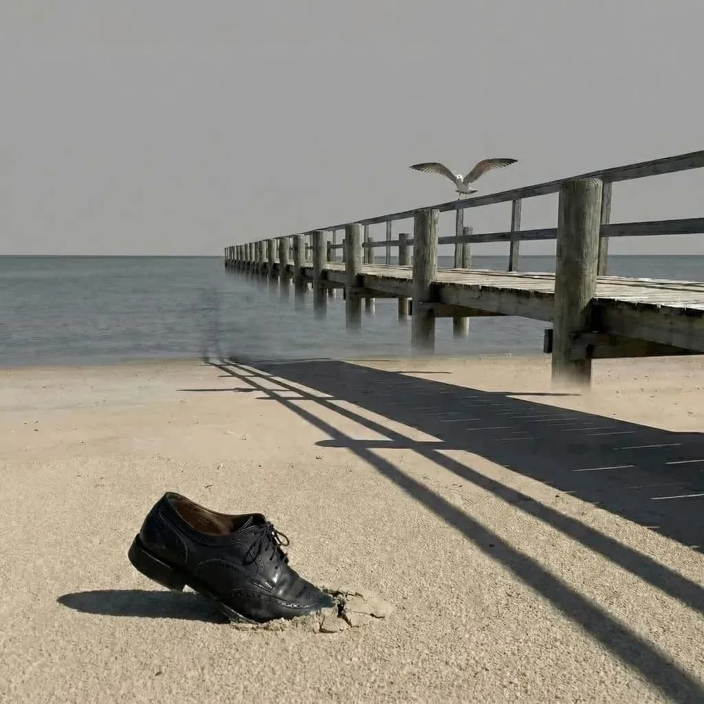 The beach is flat, sand beige, granular, no shells, except for a single left shoe, black leather, size eleven, half buried at an angle. The pier extends straight into the water, wood untreated, grain visible, though the support posts vanish before they touch the surface. The sky is uniformly gray, no clouds, yet shadows stretch at sharp diagonals. A single gull sits on the railing, wings outstretched, frozen mid-flap, no movement.