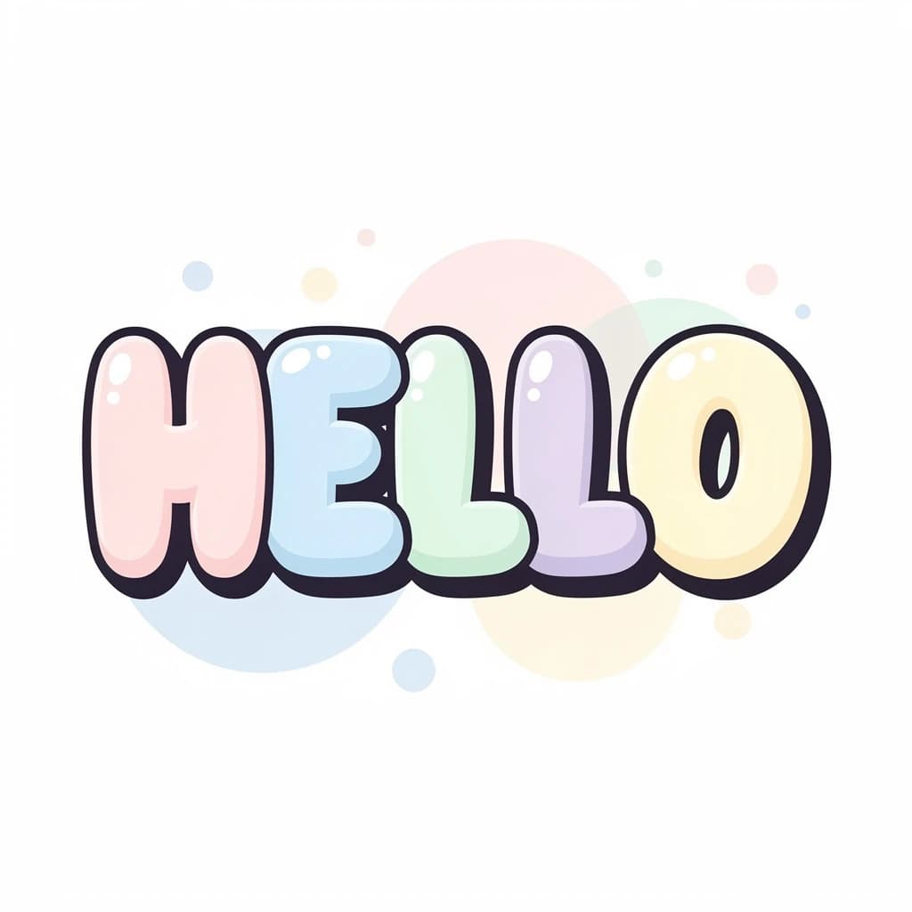 Make a bold bubble-letter poster that says HELLO, pastel palette, thick outline.