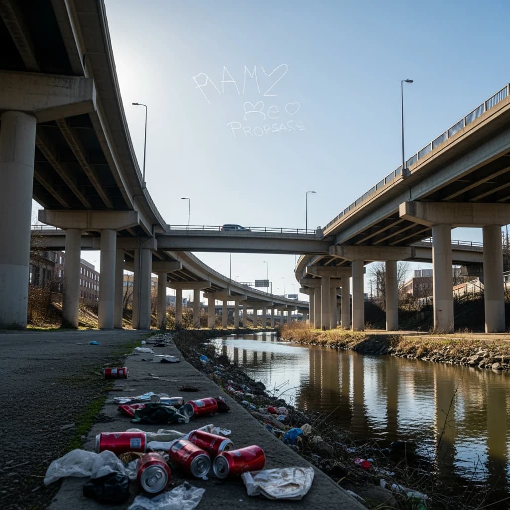 Red soda cans and other garbage sit strewn across the bank of an urban river only a few metres wide. Concrete overpasses criss cross overhead on a bright and sunny day. Fading skywriting proposes marriage