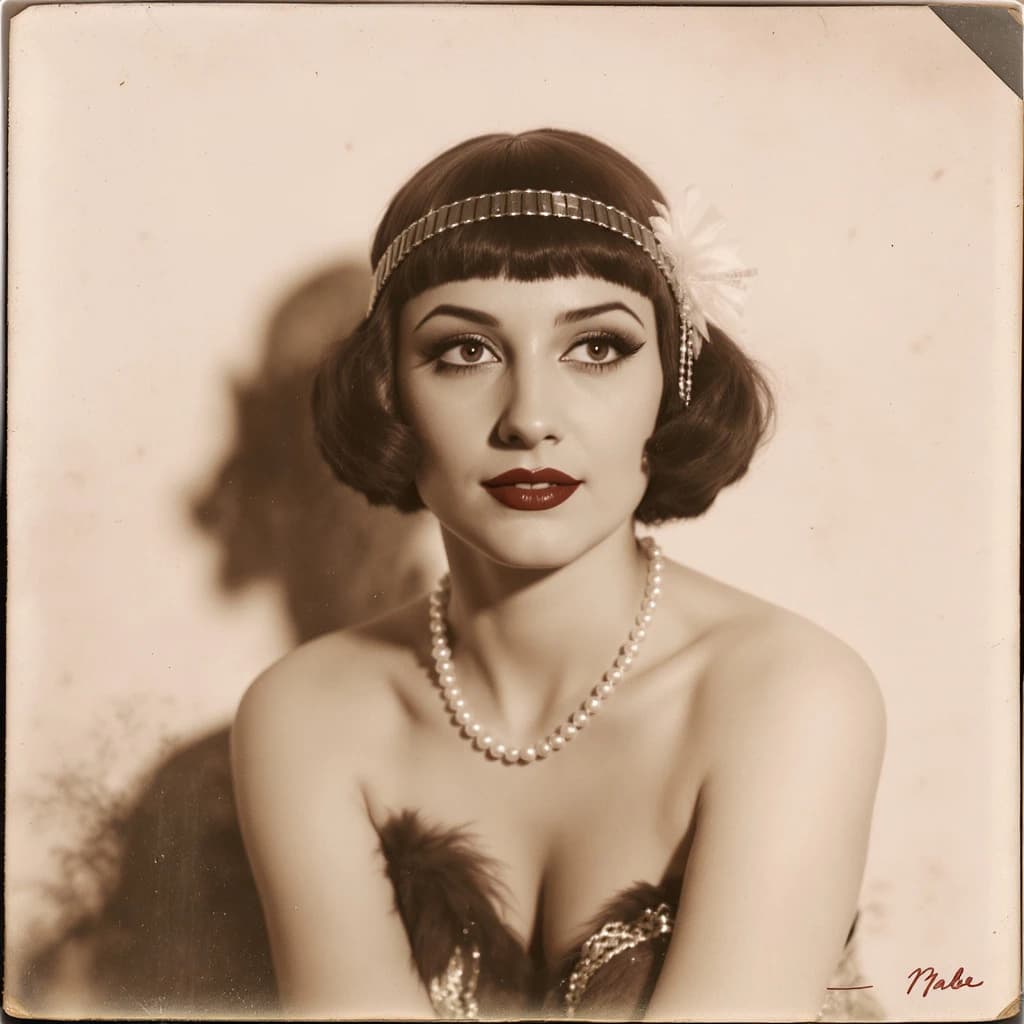 Sepia-toned studio portrait of a flapper with pearl necklace, soft grain.