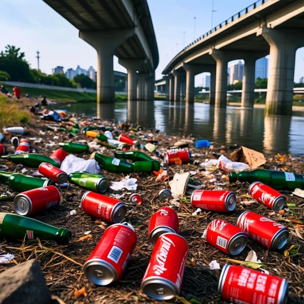 Red soda cans and other garbage sit strewn across the bank of an urban river only a few metres wide. Concrete overpasses criss cross overhead on a bright and sunny day. Fading skywriting proposes marriage