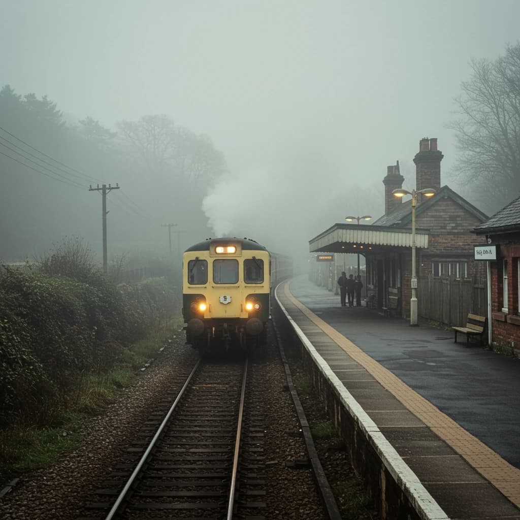 A commuter train enters a foggy little station.