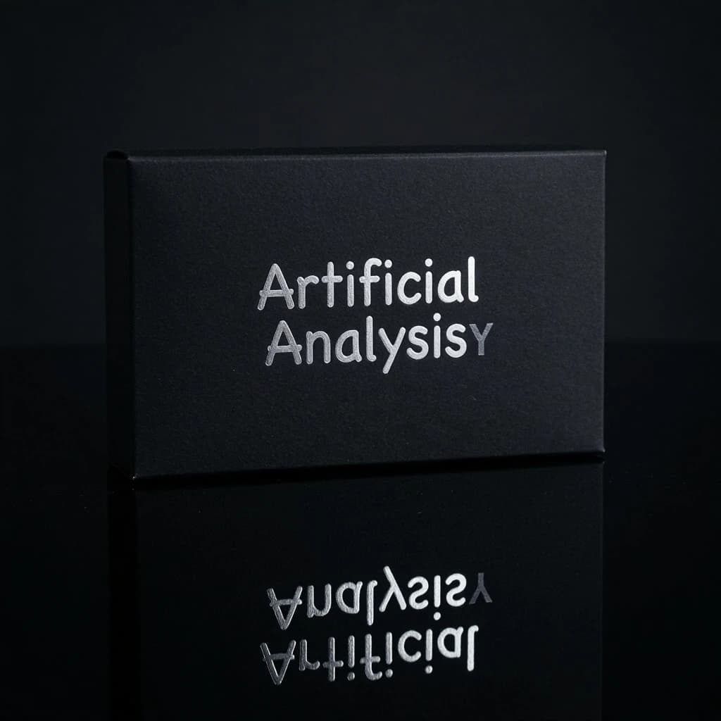 On the black box, silver foil embossing, centered: "Artificial Analysis" in Comic Sans Small Caps, perfectly justified. The letters are crisp, but the “Y” is duplicated faintly, ghosting right. On the box’s reflection, the word order is inverted: ARTIFICIAL ANALYSIS.