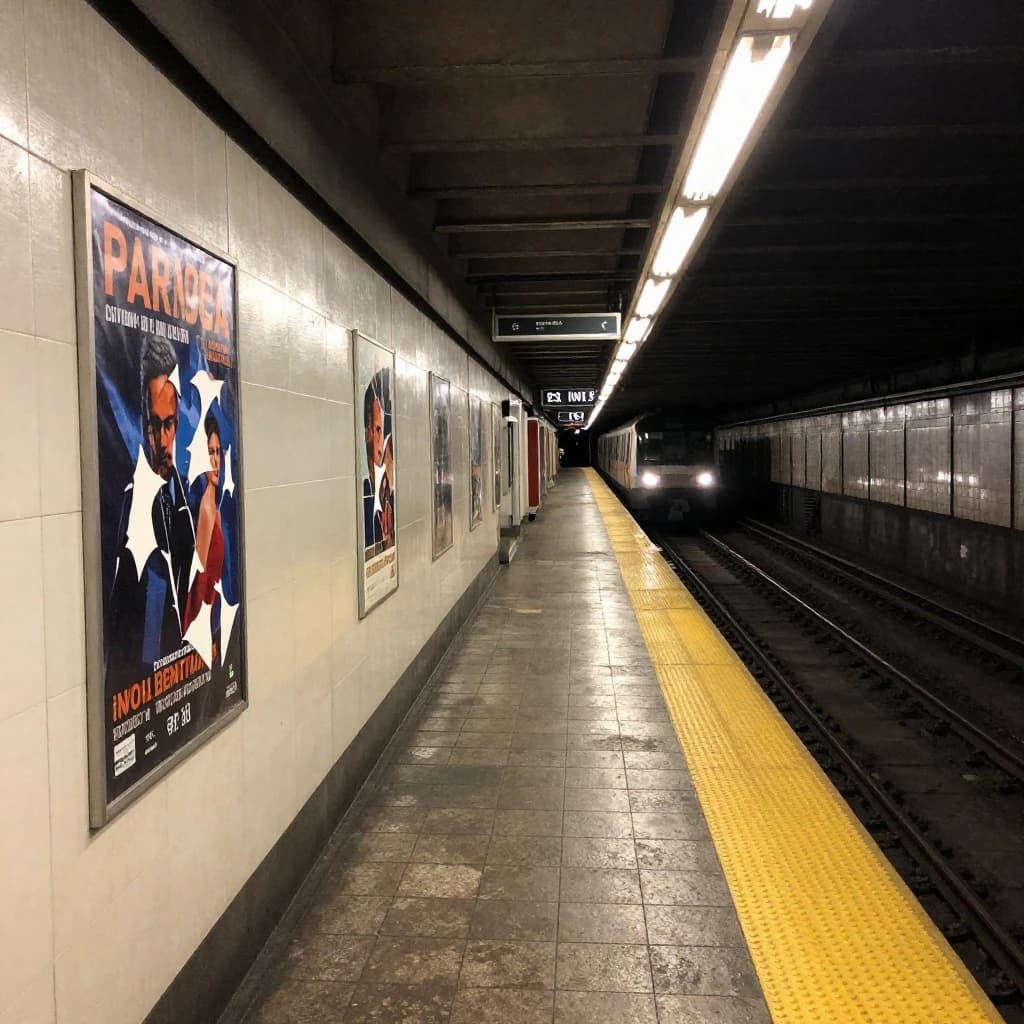 A subterranean subway platform with glossy tiles, peeling posters, flickering fluorescent lights, yellow safety line, and a distant train coming; slightly damp, echoes carry.