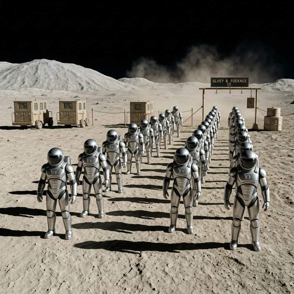 Silver exosuits queue at a dusty lunar checkpoint.