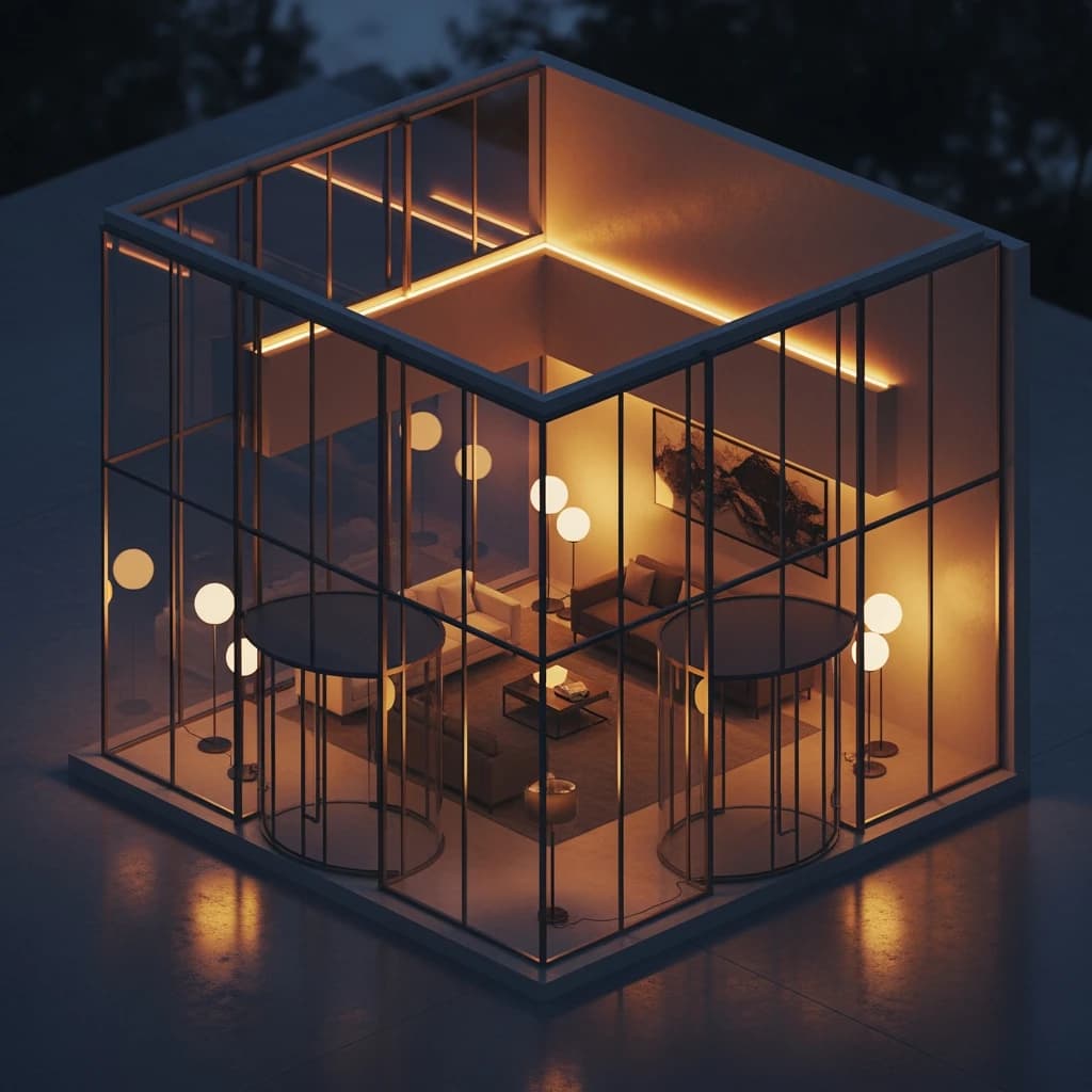 Isometric 3D lobby, glass walls, warm lights, slightly moody, soft shadows.