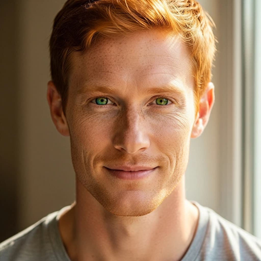 Shoot a natural light headshot of a red-haired man with freckles, green eyes.