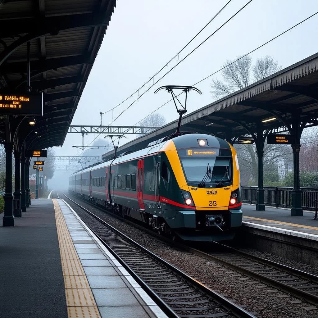 A commuter train enters a foggy little station.