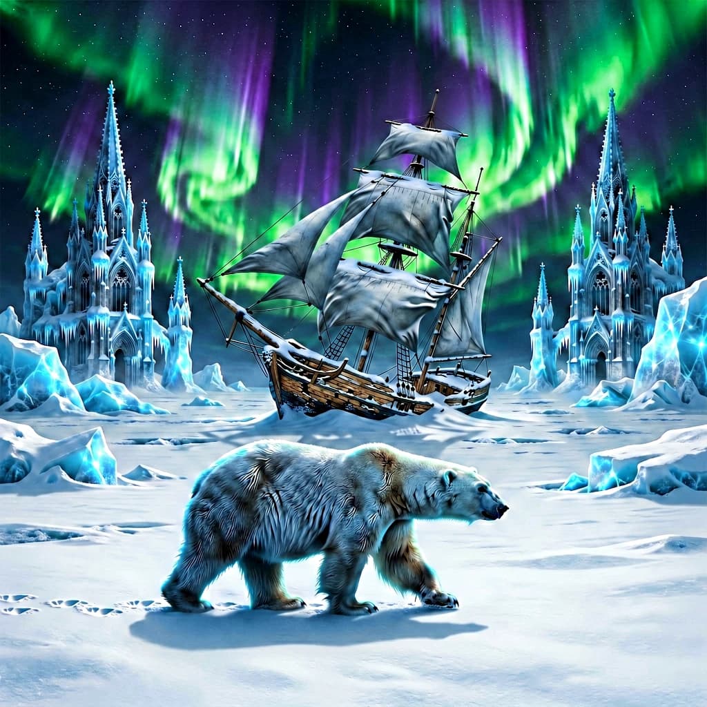 An endless tundra stretches outward, littered with jagged icebergs shaped like cathedral spires. A polar bear trudges across the foreground but leaves no tracks. Auroras ripple overhead. A half-buried shipwreck juts from the snow — sails billowing despite the still air.
