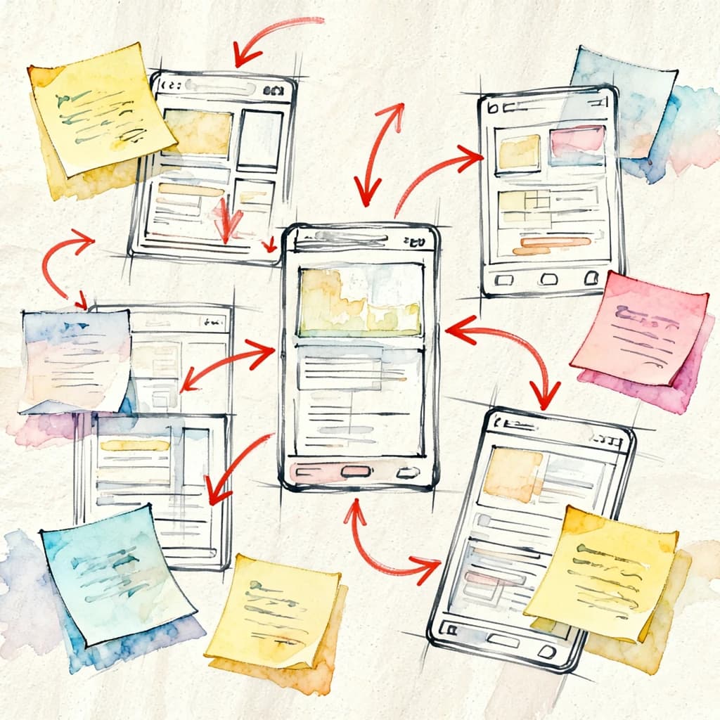 A rough watercolor of hand-drawn app wireframes, sticky notes, and red arrows.